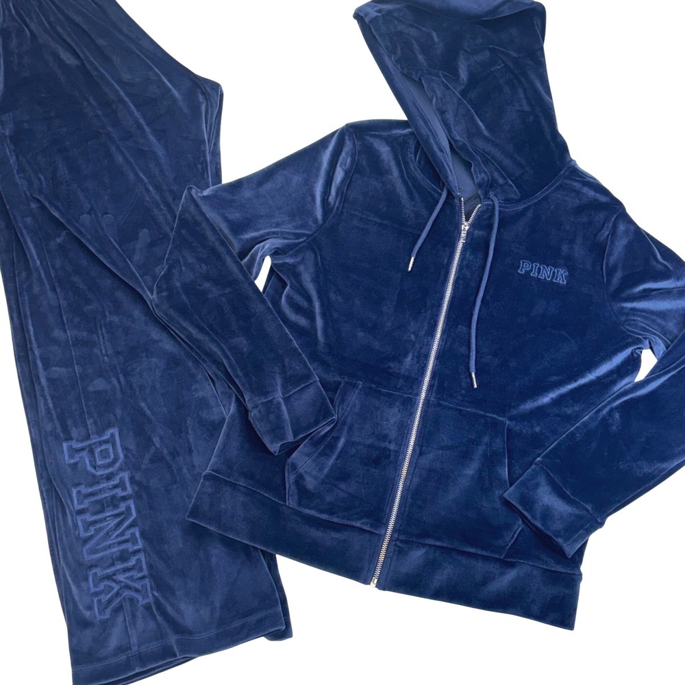 PINK Victoria Secret Tracksuit Blue Velour Full Zip Hoodie Wide Leg Pants Y2K M